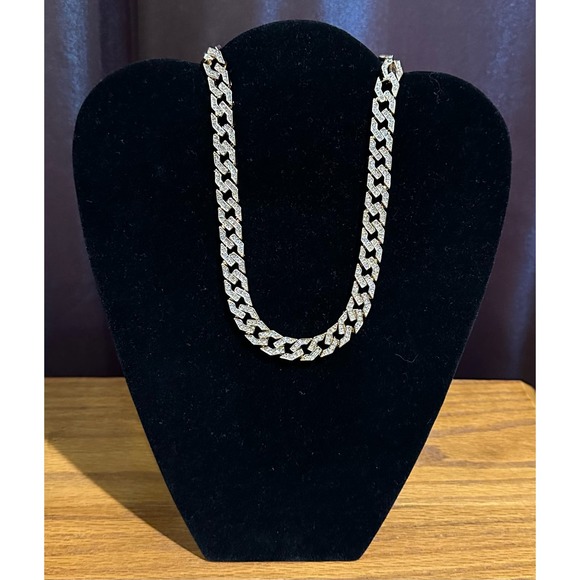 Gold & Rhinestone Cuban Flat Link Reversible Necklace & Earring Set, NWT - Picture 2 of 8